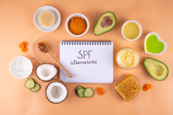 DIY Sonnenlotion Zutaten mit Avocado, Kokosöl, Kurkuma, Honig und Gurke auf hellem Hintergrund.