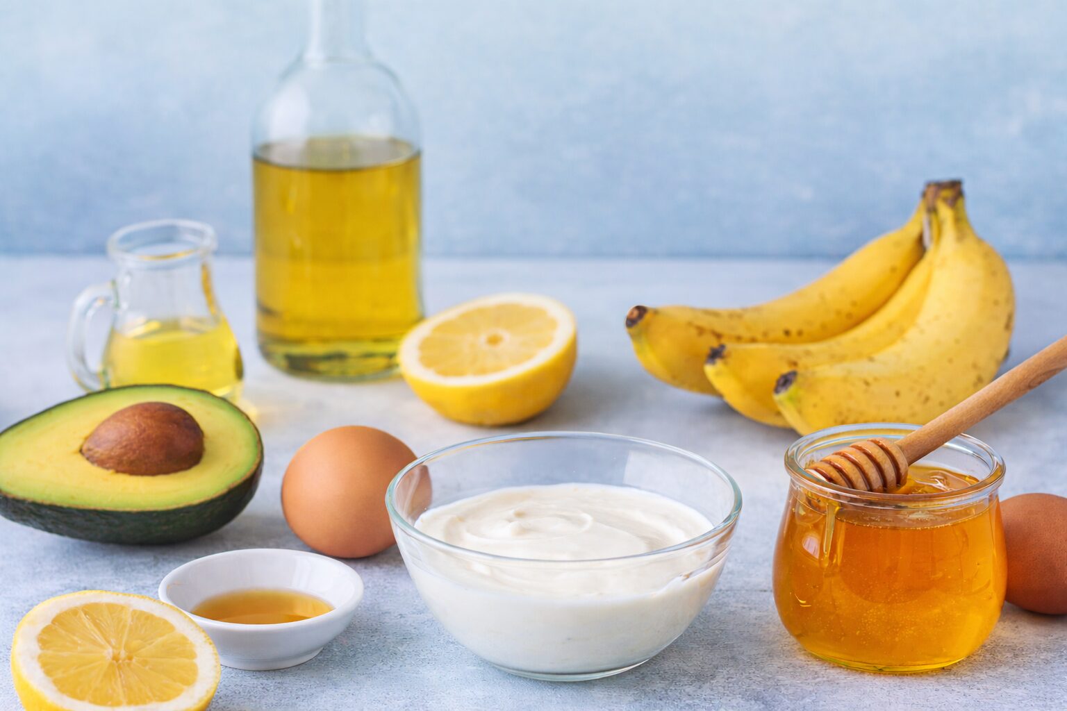 Zutaten für natürliche Haarkur mit Avocado, Banane, Honig, Joghurt, Ei, Öl und Zitrone.