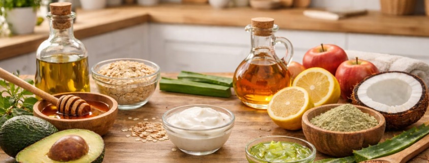 Natürliche Hautpflege Zutaten wie Aloe Vera, Avocado, Honig, Öl, Haferflocken und Zitrone auf Holztisch.