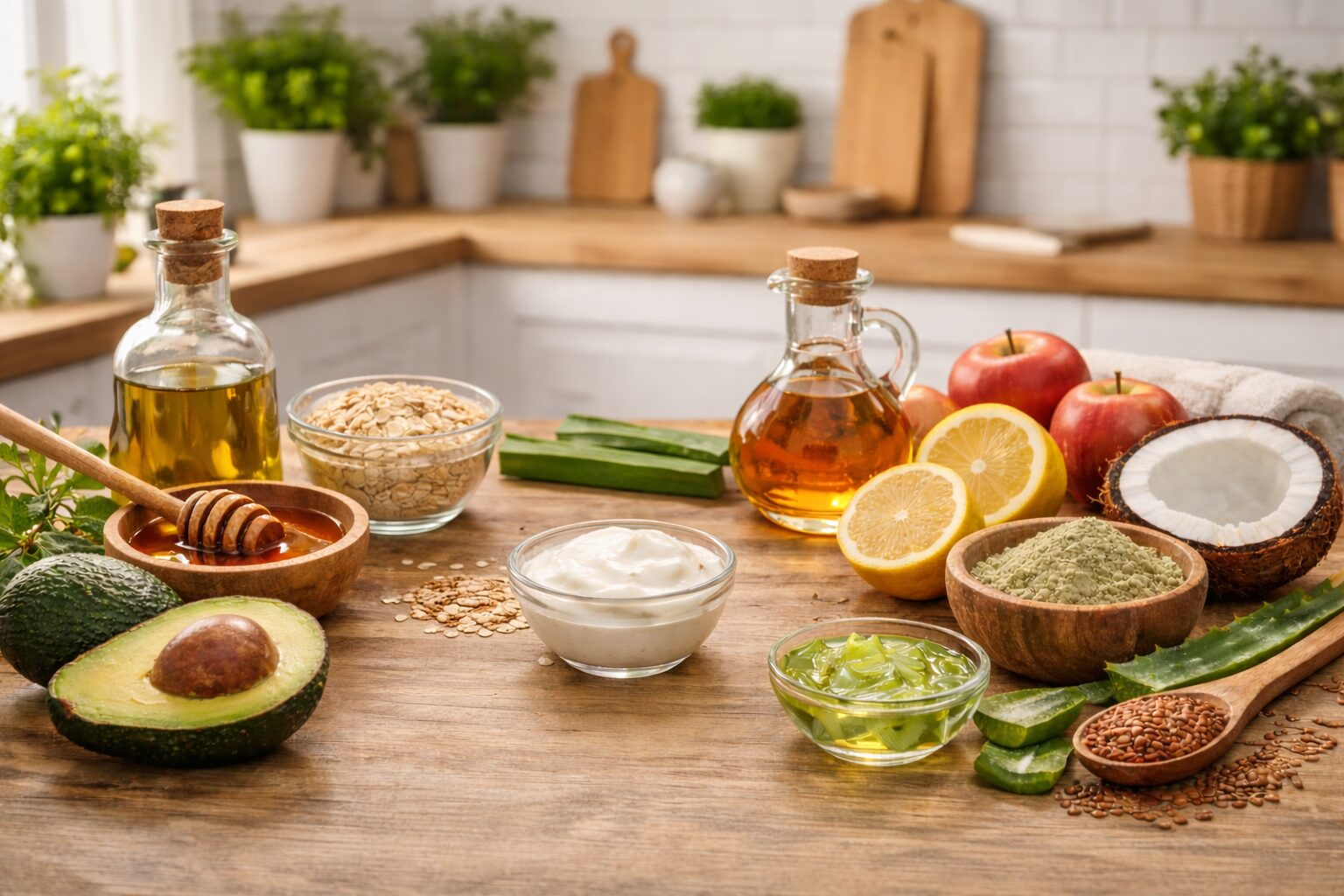 Natürliche Hautpflege Zutaten wie Aloe Vera, Avocado, Honig, Öl, Haferflocken und Zitrone auf Holztisch.