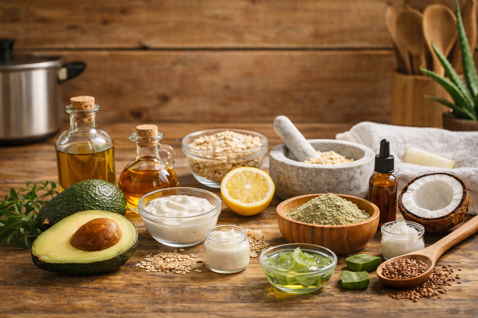 Natürliche Zutaten für Hautpflege mit Avocado, Ölen, Joghurt, Haferflocken, Zitrone und Aloe Vera.