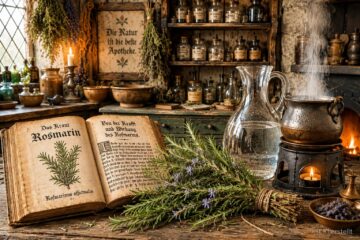 Hexenküche mit Rosmarin und Buch